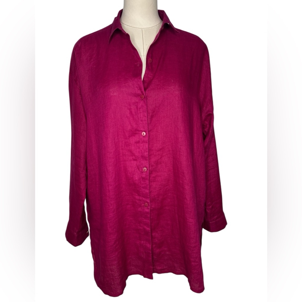 Eileen Fisher Irish Linen button down Shirt Magenta Medium - Picture 1 of 9